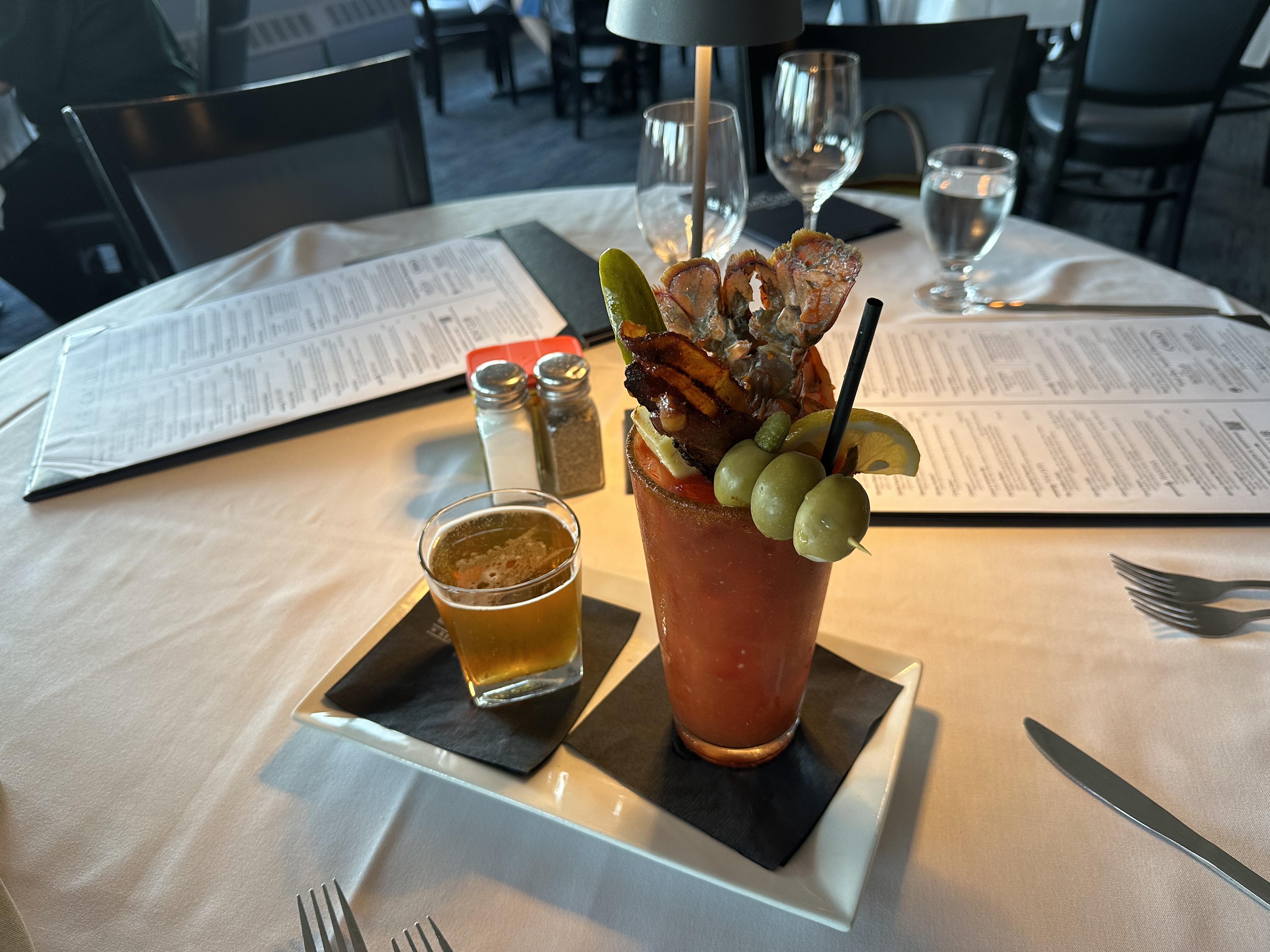 An amazing Bloody Mary - with a beer on the side at the Boat Club Restaurant and Bar in Duluth, MN 