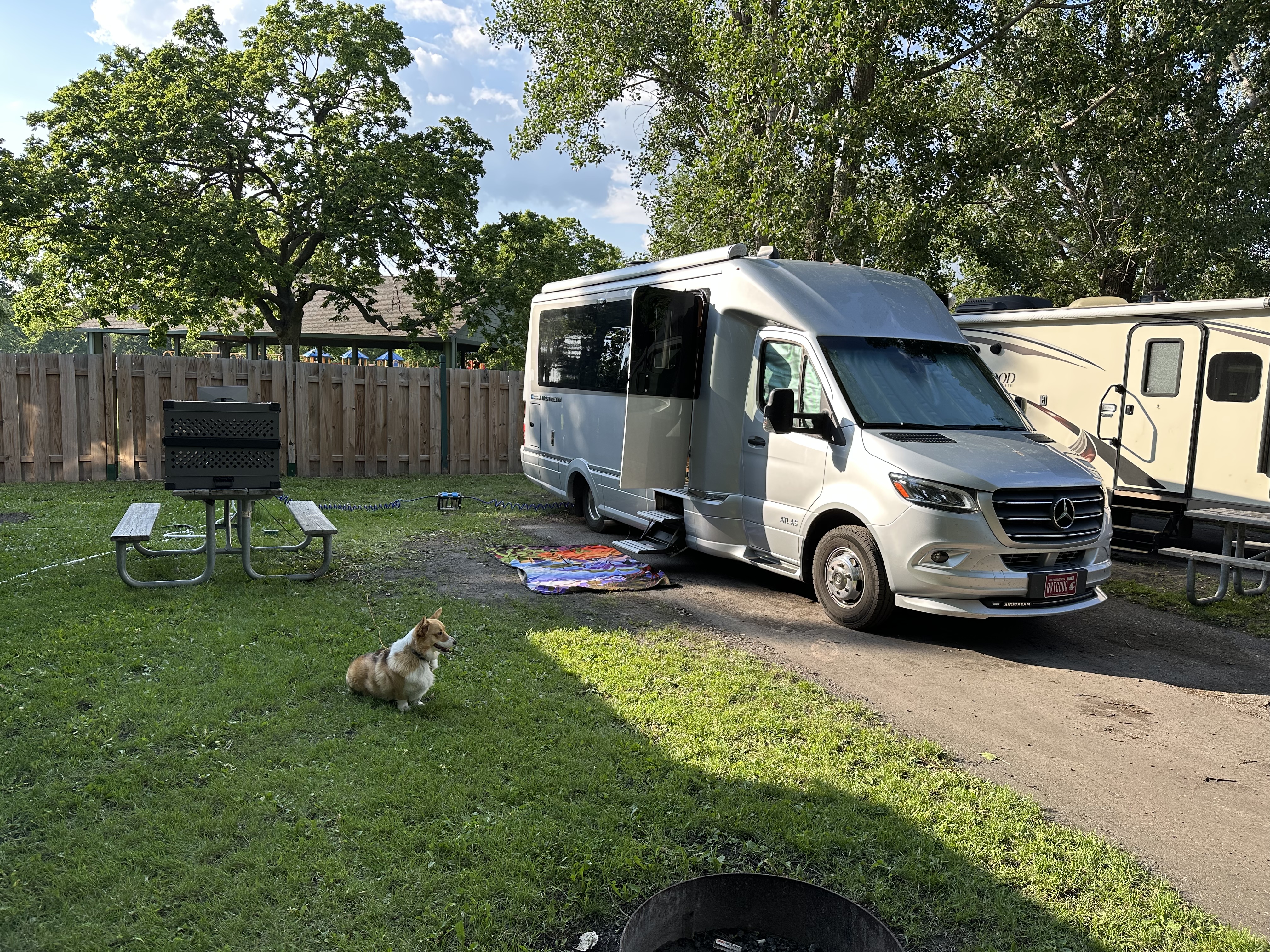 Our camping spot in Fargo - with our usual guard dog in front