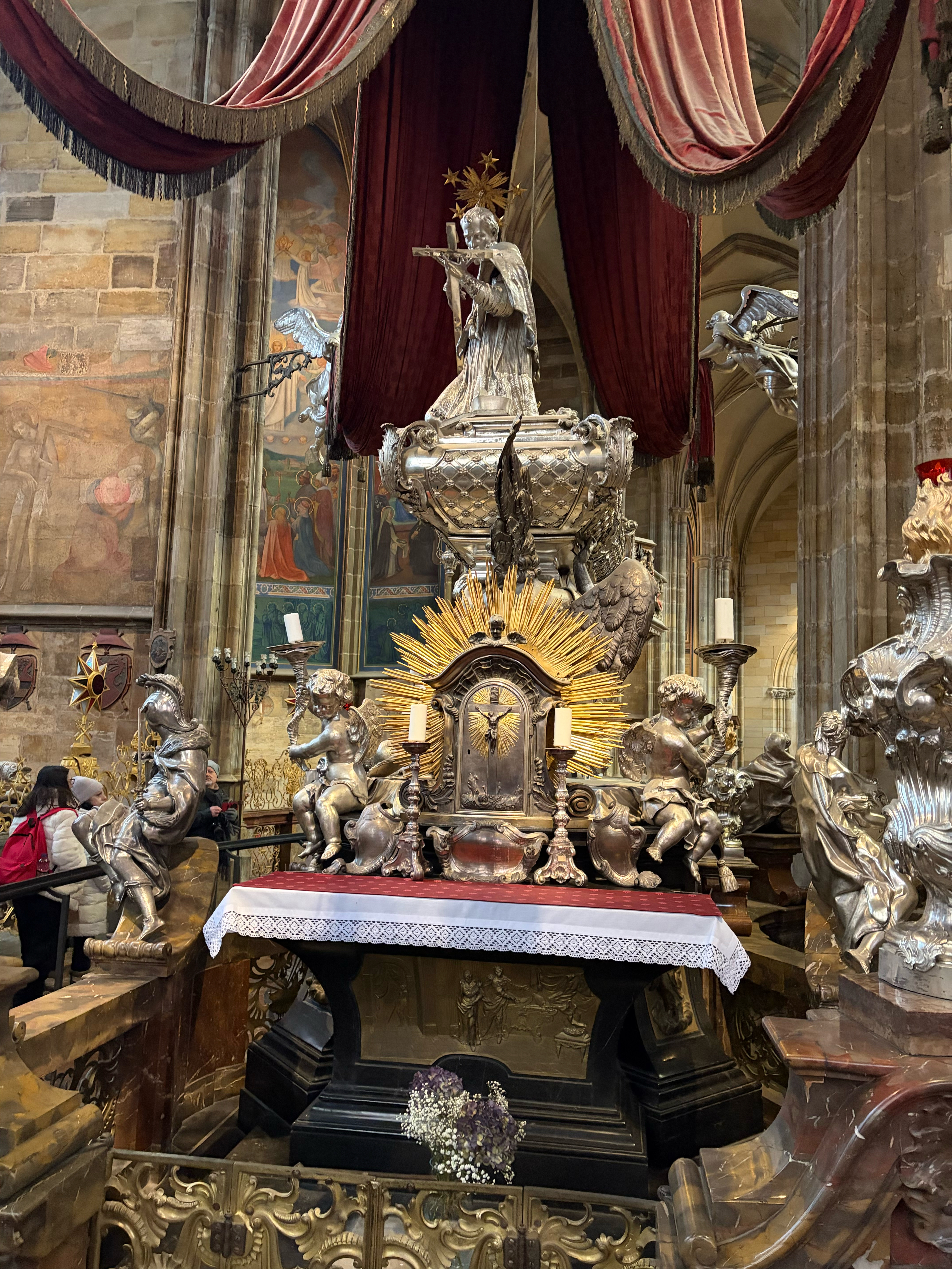 A silver tomb in the church vestibule 