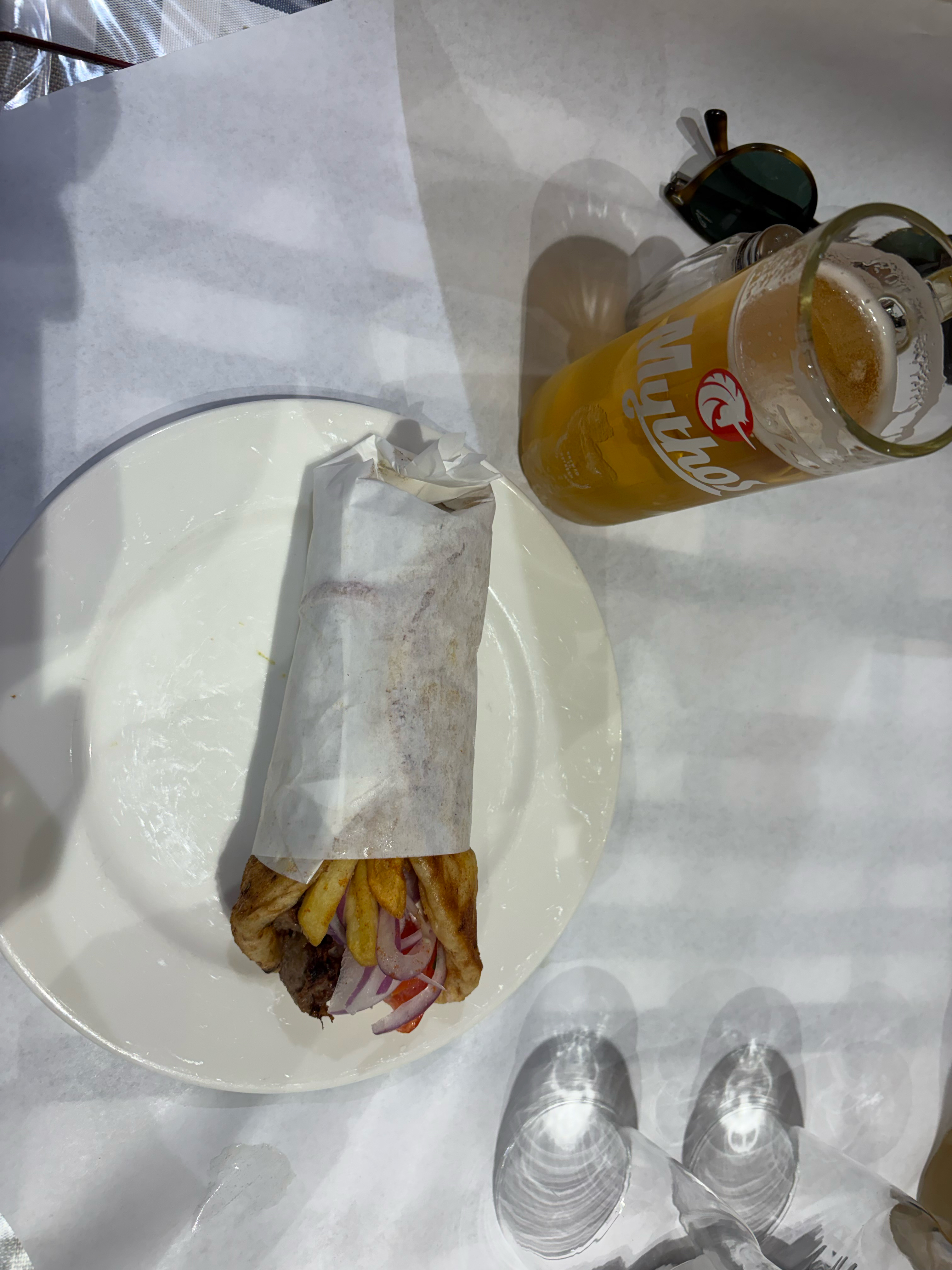 The pita had souvlaki meet, French fries, red onions and tomato’s all wrapped up.  It was delicious.  