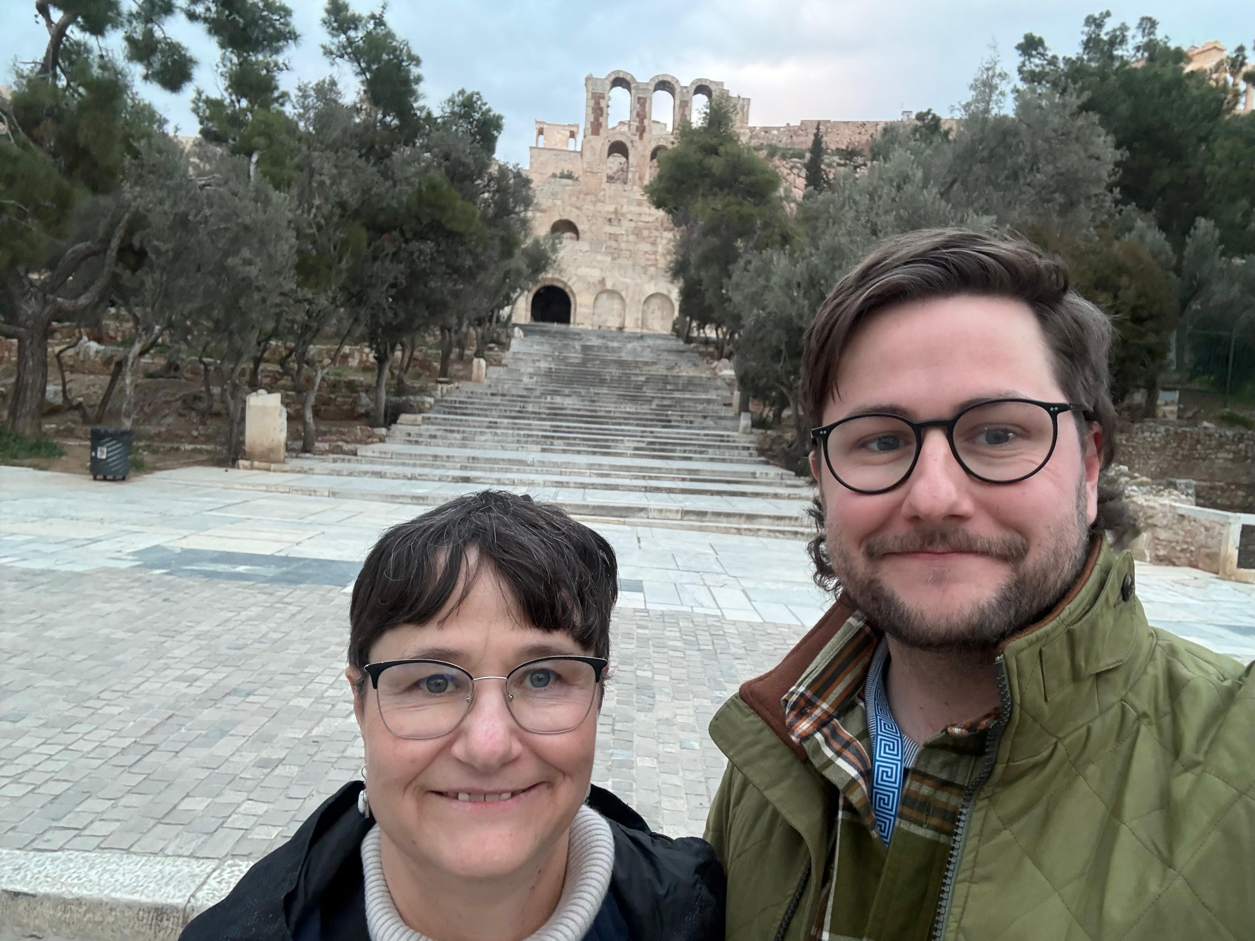 Andrew and Noel with stone arches 