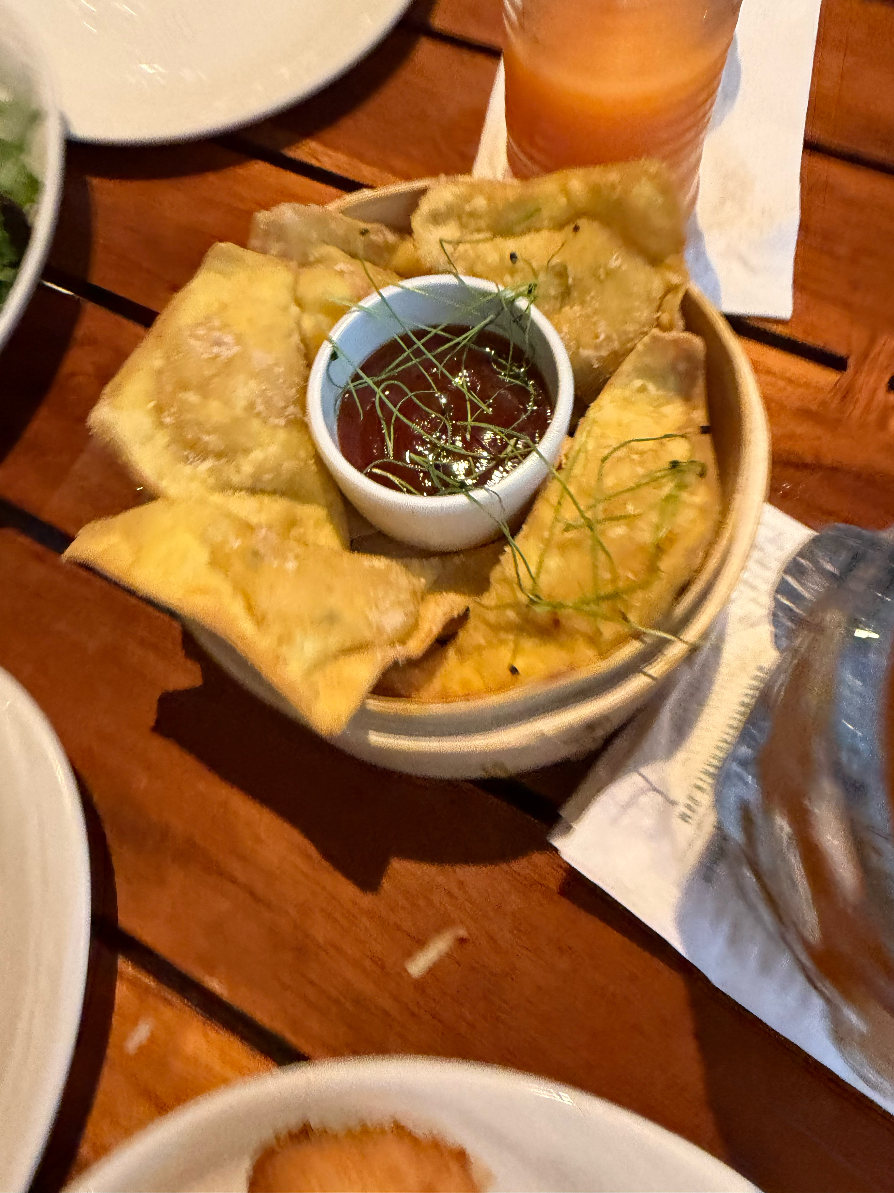 Crab & Macadamia Nut Wontons with mustard plum sauce