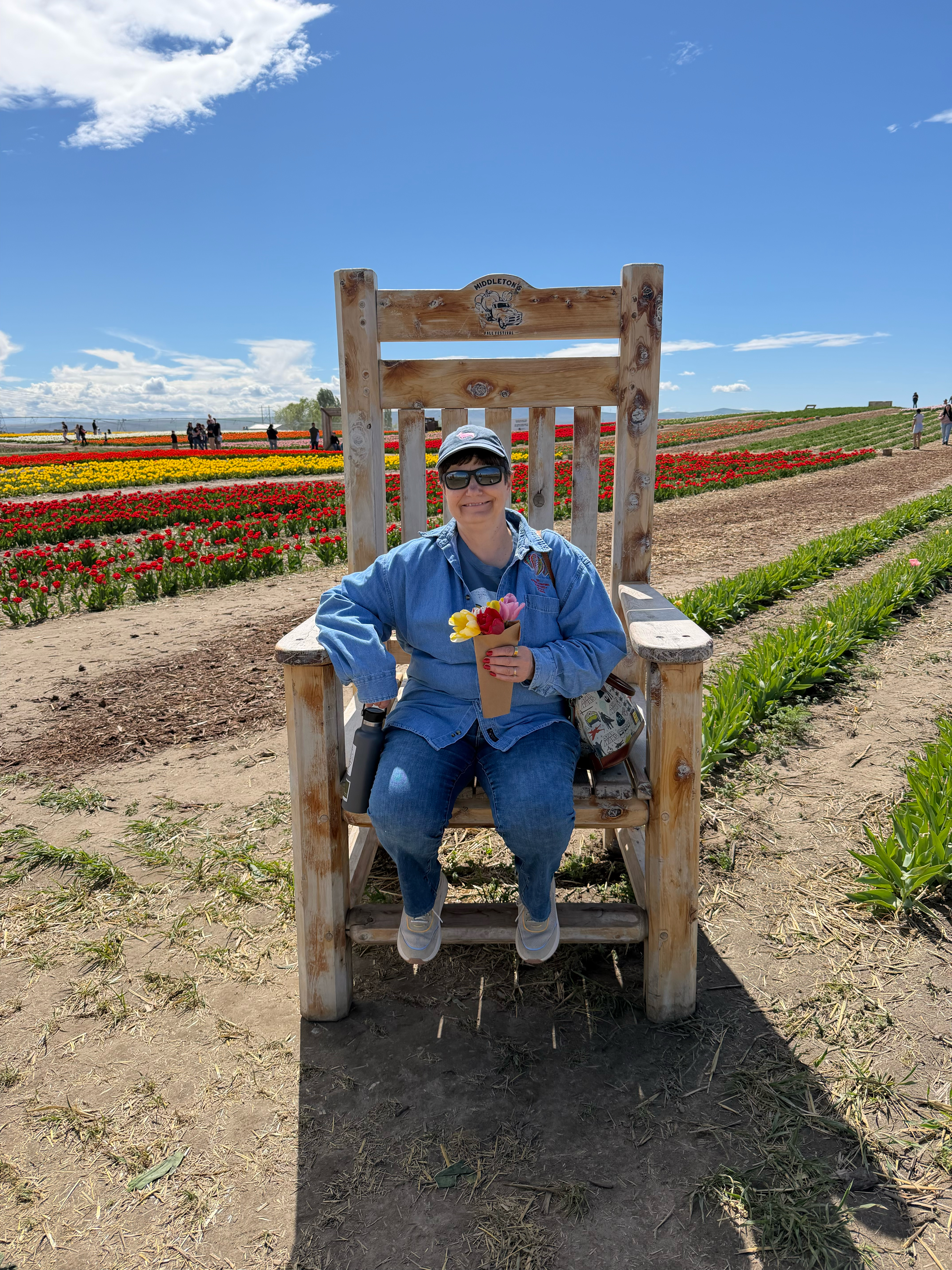 Noel in one of the large chairs scattered around the Tulip plots.  