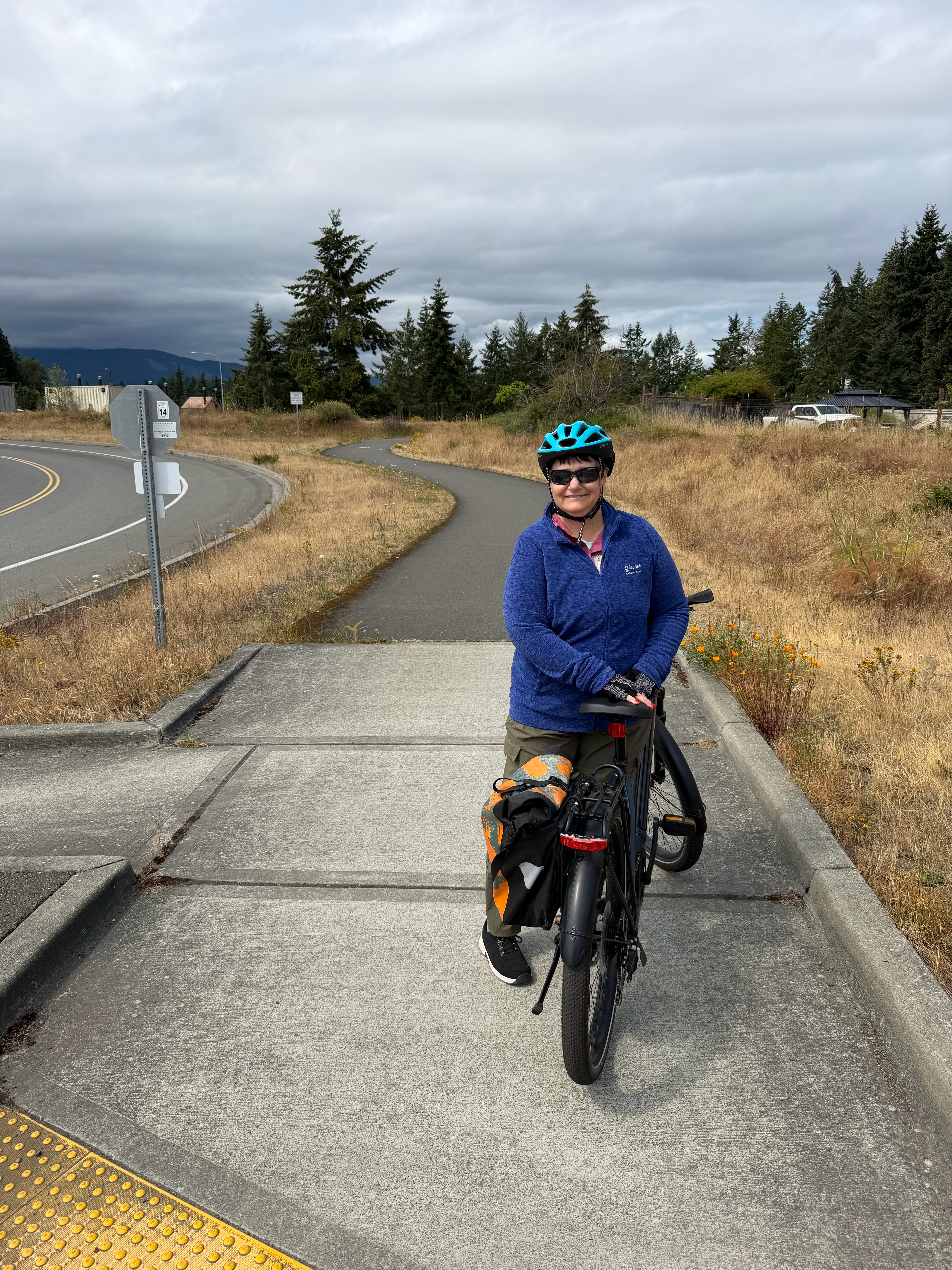 Noel is ready to go on our bike ride along the ODT from RV@Olympic through Port Angeles