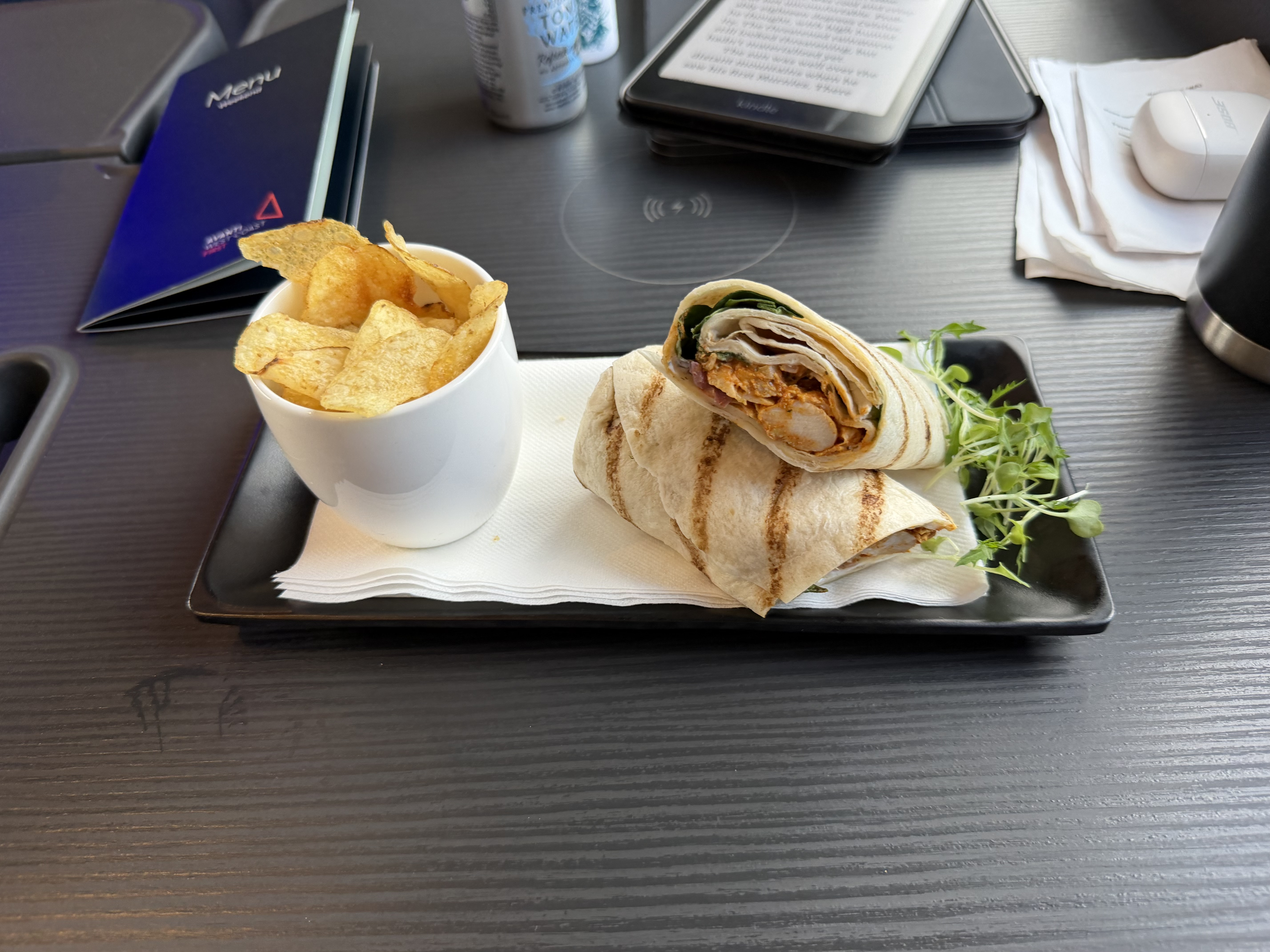 The food on the train was good - here is my chicken wrap with “crisps” 