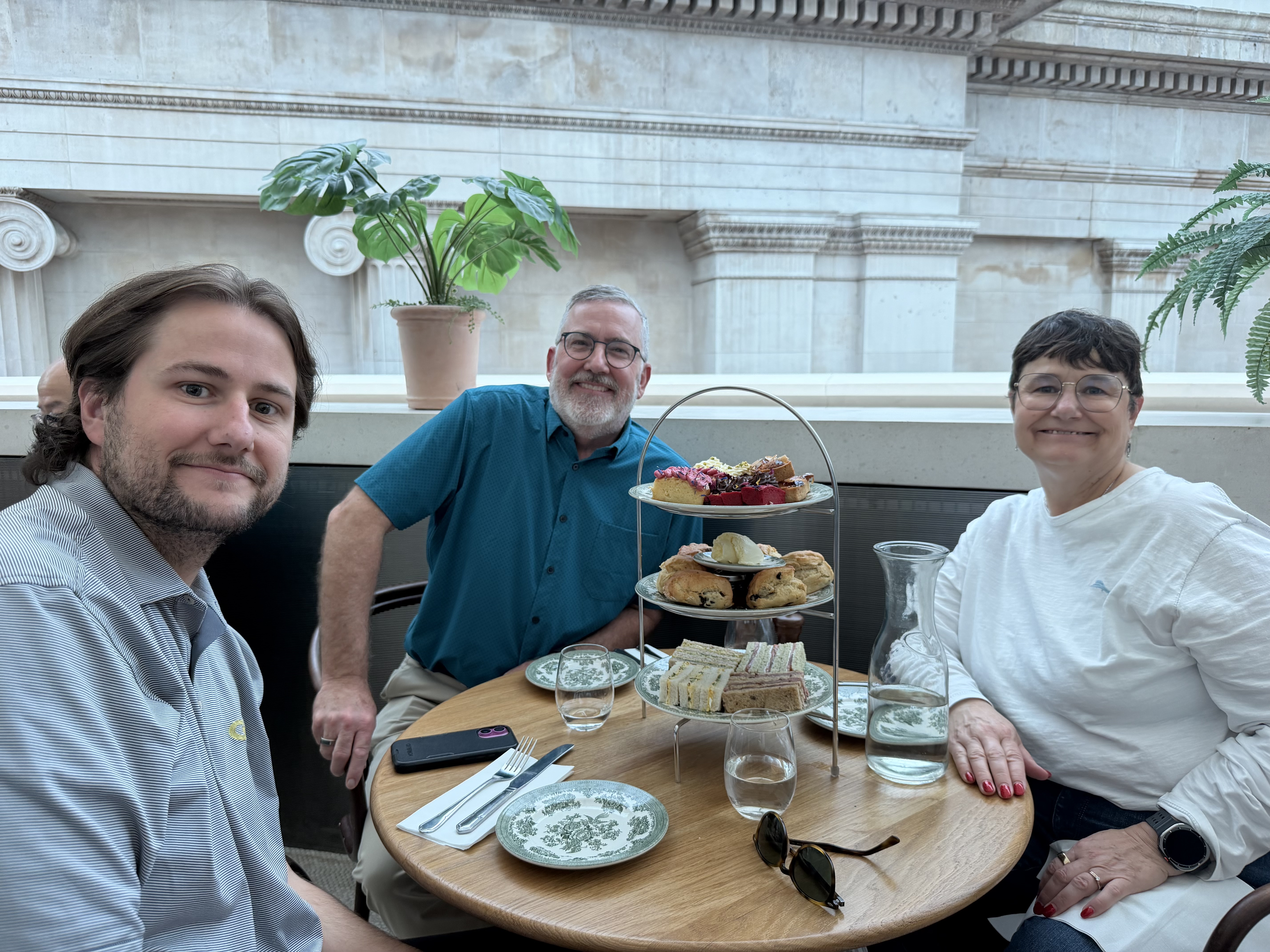 Enjoying High Tea at the British Museum. Andrew had English Breakfast Tea, Kirk had Earl Gray Tea, and Noel had Peppermint Tea.