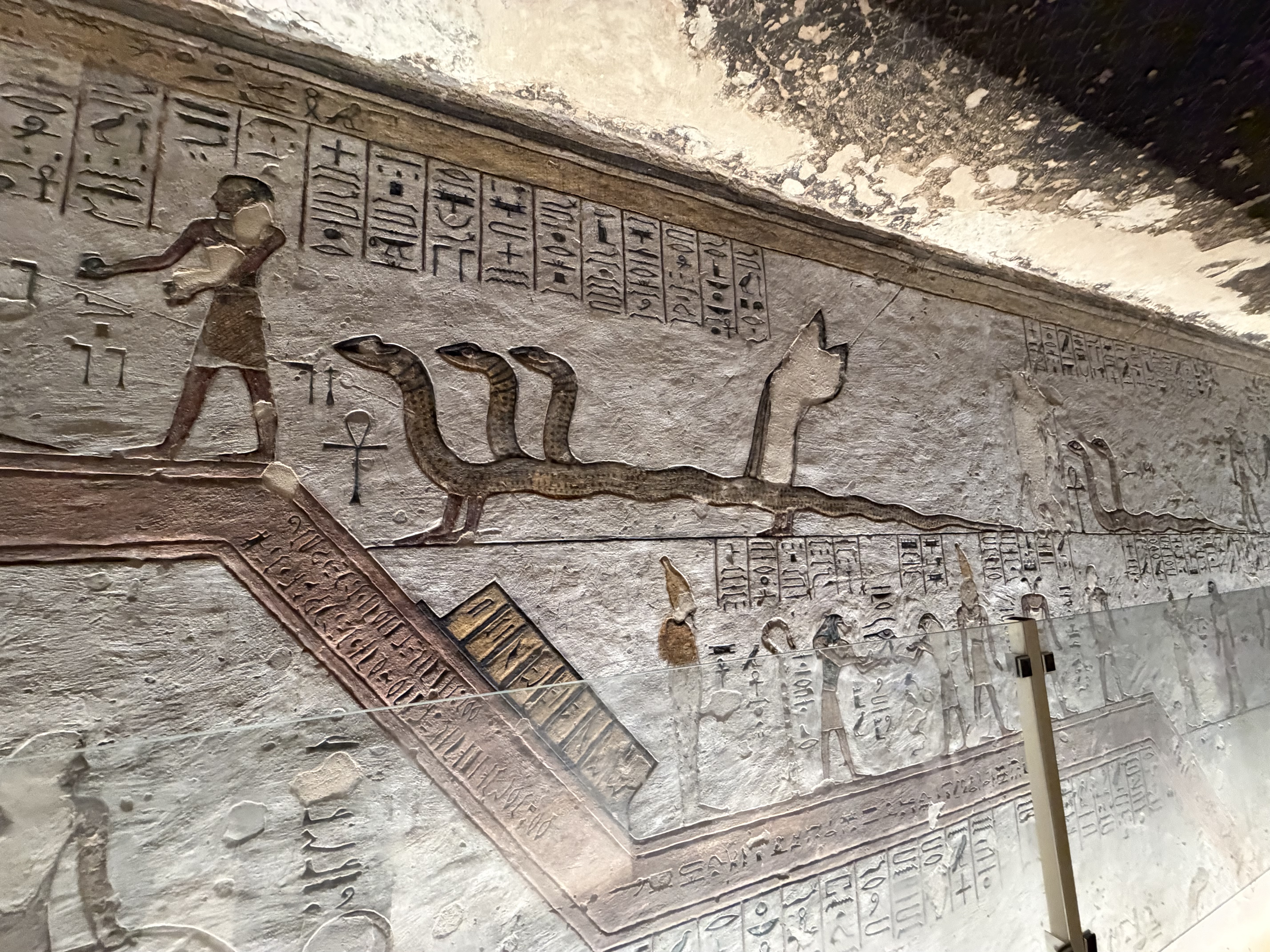 The Pharaoh worried about being attacked during his boat tour in the afterlife by snake-like multi-headed creatures such as this one painted vividly in the tomb of Ramses III 