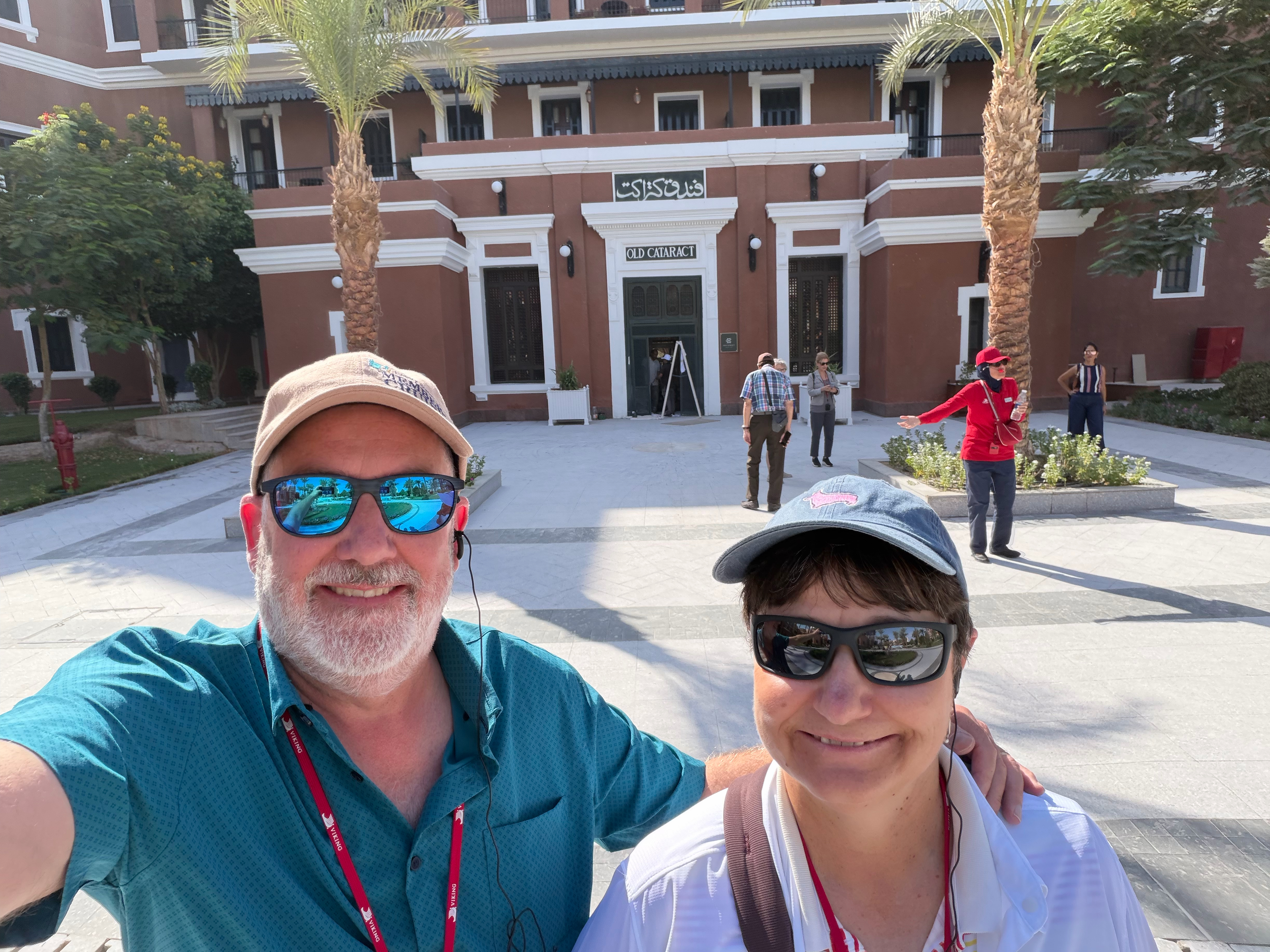 In front of the entrance to the Cataract Hotel in Aswan, Egypt