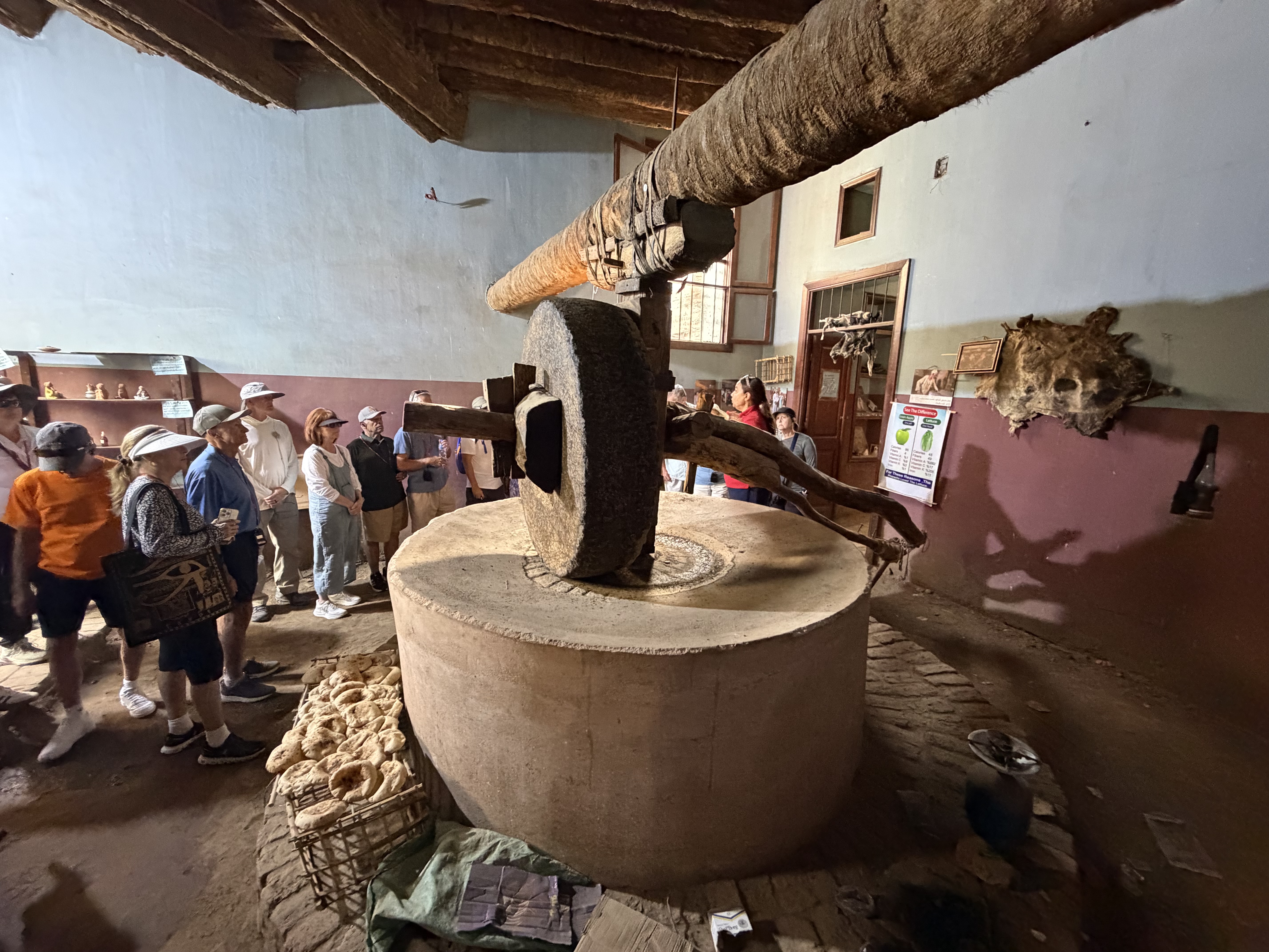 The larger grinding wheel could be turned by people or livestock.