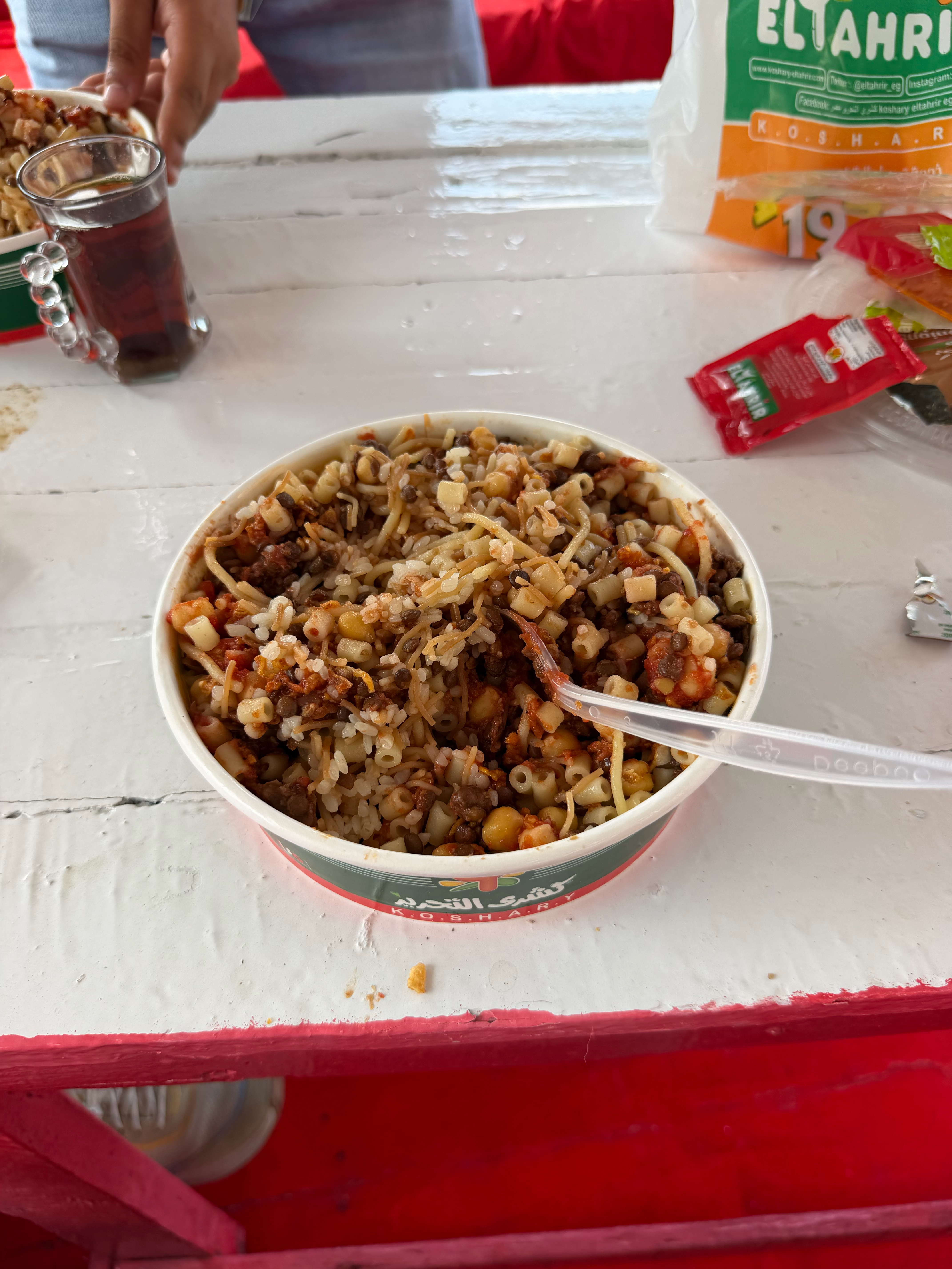 Koshari mixed up and ready to eat! I will certainly have this again later in our trip.