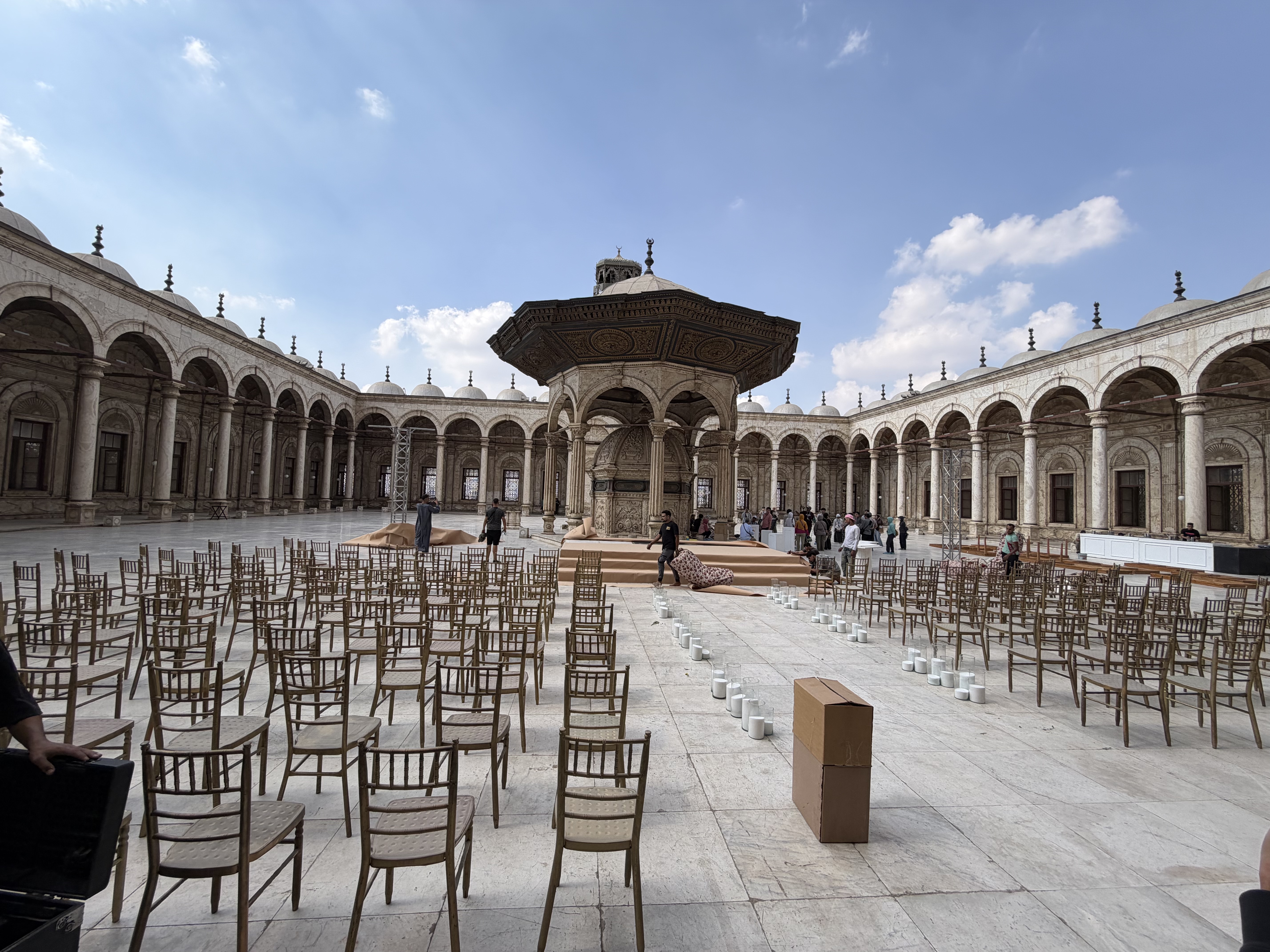 The courtyard outside of the Mosque was being set up for a wedding.