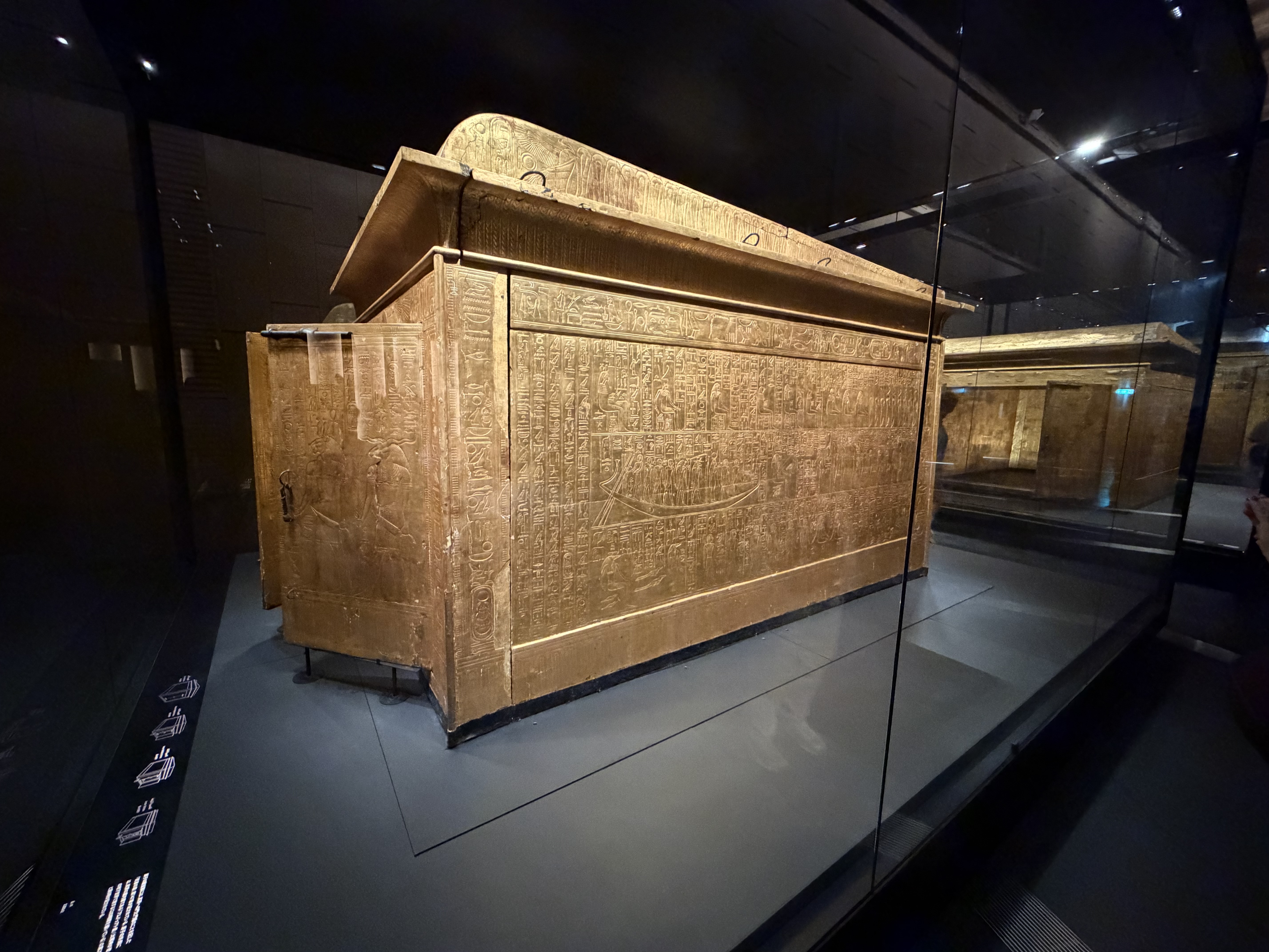 These boxes contained King Tuts mummy - and there were four nested boxes - each a bit smaller than the previous one.  They were all intricately decorated with pictures and hieroglyphs.  